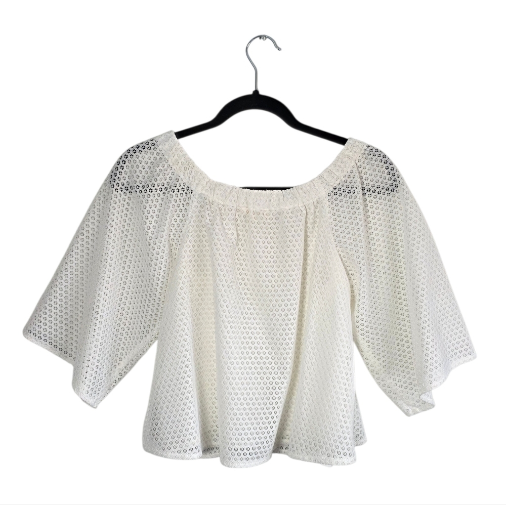 Maje Ecru Lace Blouse Size 1 Off White Eyelet Top Cropped Boho Romantic Parisian - Picture 2 of 9